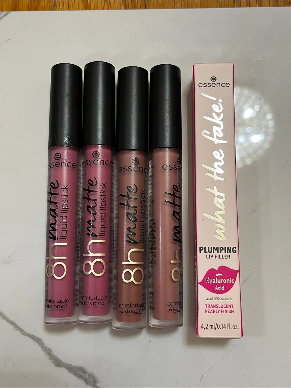 Essence 8H matte liquid lipstick lot pink blush hazelnut nude and lip filler